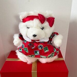 White Teddy Bear with Red Dress and Headband